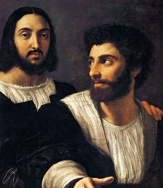 16th-century painting of two friends. "Autoritratto con un amico" by Raffaello.