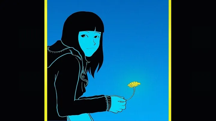 illustration of long-haired teen on a blue background holding a yellow flower