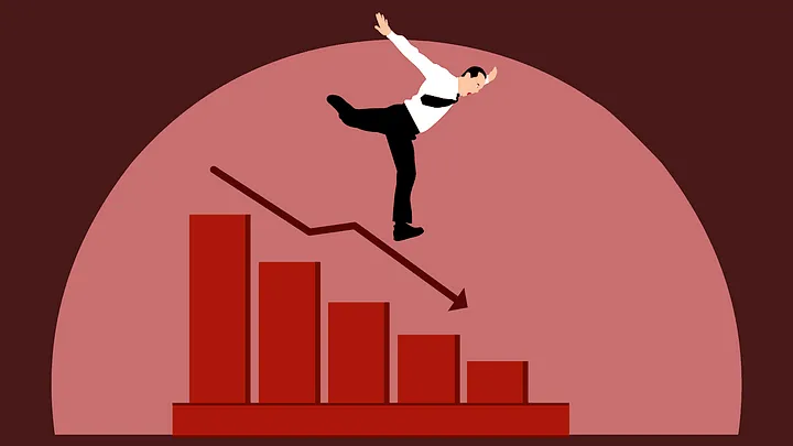 Illustration of a man wearing a necktie, tripping down over a descending bar chart, in red.