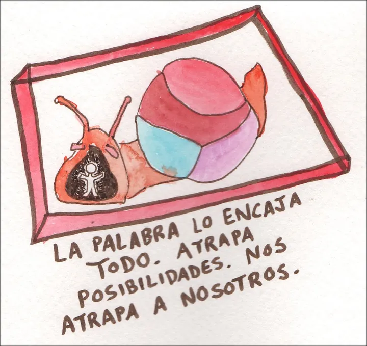 La palabra lo encaja todo, atrapa posibilidades. Nos atrapa a nosotros. Image: inside a red box is a snail with a multicolored shell. its mouth is hanging open. inside its mouth is a tiny human figure.