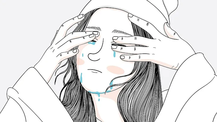 sketch of crying long-haired person