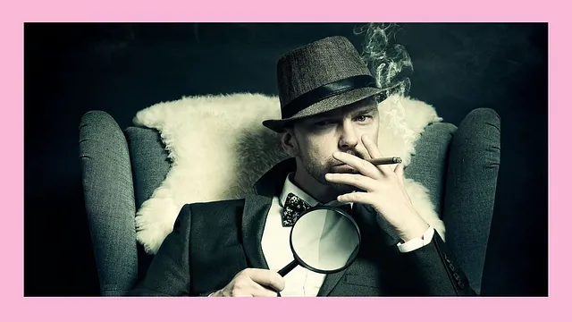 thirtysomething white guy wearing a bowtie, jacket and hat, smoking a cigar, resting in an armchair with a fur throw over the back, holding a magnifying glass