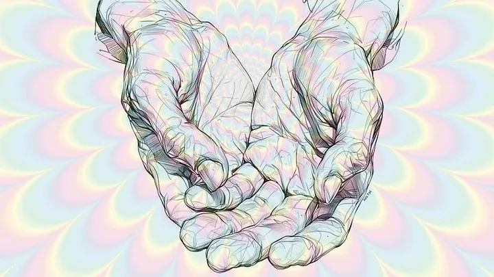 pencil sketch of two gentle hands, resting with palms up, against a muted psychedelic rainbow background