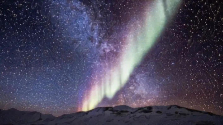 aurora borealis, greenish and pink light on a starry night sky, mountains in foreground