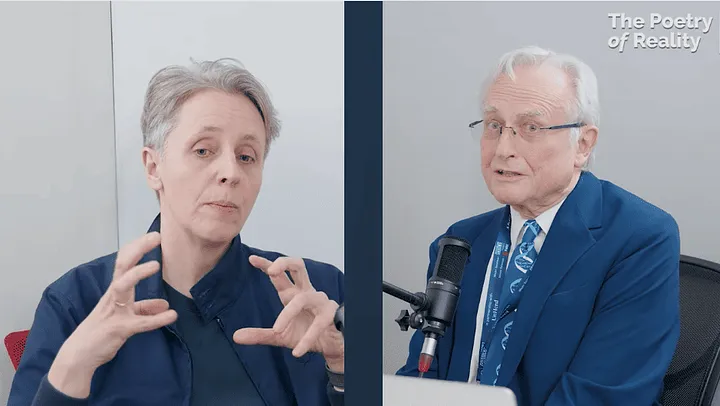 split-screen style video still of Kathleen Stock and Richard Dawkins in their May 2024 interview on YouTube