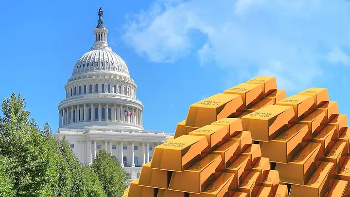 piles of gold bars in front of the U.S. Capitol