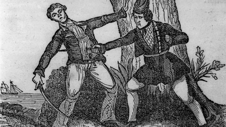 18th-century illustration: pirate Mary Reed stabs an enemy with a sword