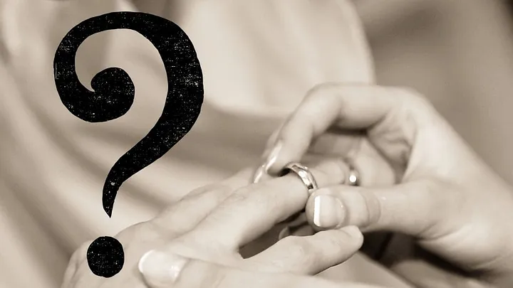 someone putting a ring on someone else's hand. a question mark is superimposed. we cannot infer these people's genders.