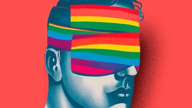 illustration of guy with rainbow-striped bandages over his eyes. detail from the book cover of GAY SHAME