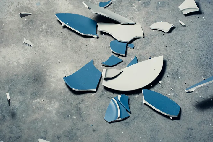 blue plate smashed on floor