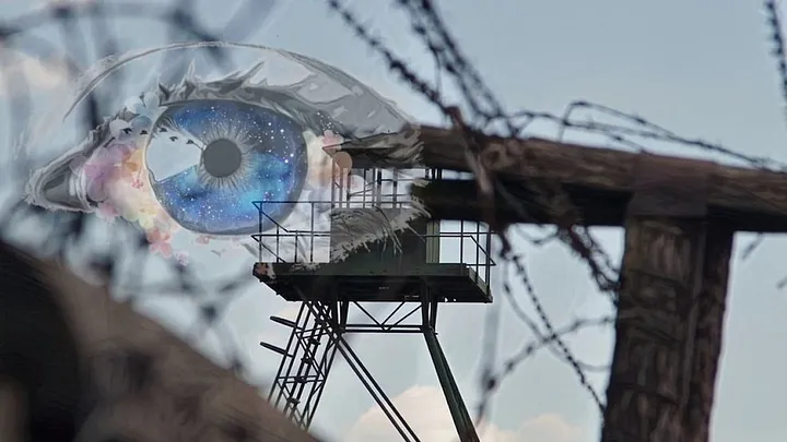 Huge blue eye in the sky superimposed on a guard tower with barbed wire