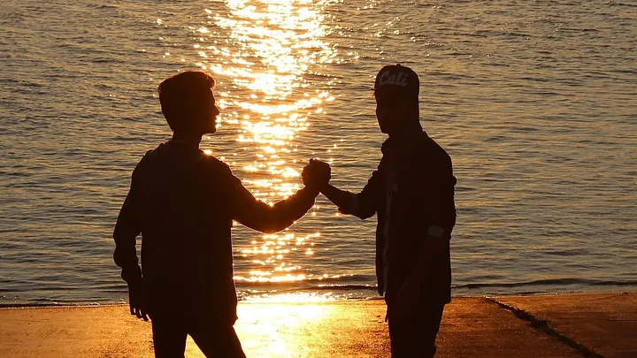 two silhouettes shaking hands by the water's edge