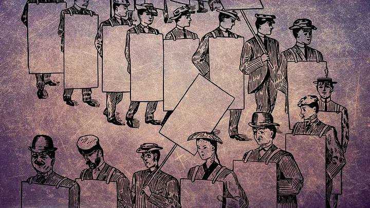 illustration of workers holding sandwich board signs on a picket line