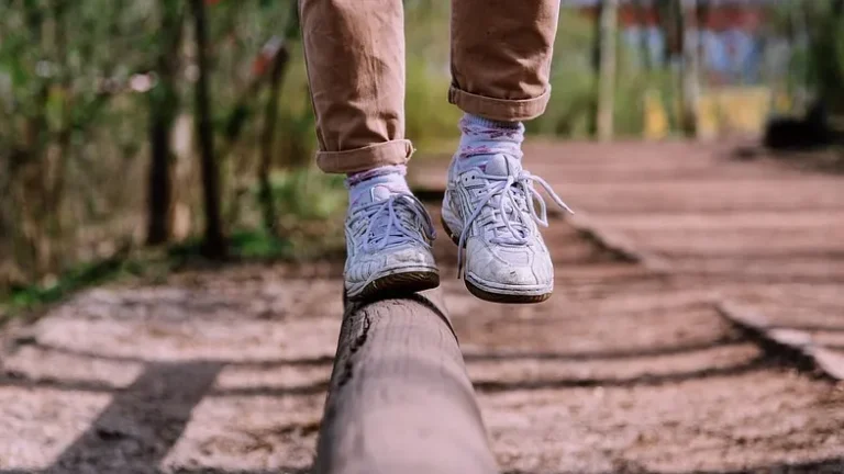 white sneakers walking a log like a tightrope in an outdoor park