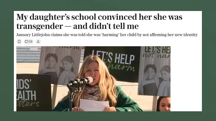 Telegraph headline: My daughter's school convinced her she was transgender - and didn't tell me. January Littlejohn claims she was told she was 'harming' her child by not affirming her new identity. Photo of January Littlejohn speaking. She has long blonde hair and is wearing a green sweater as she speaks from a podium into a microphone, holding a printed speech.