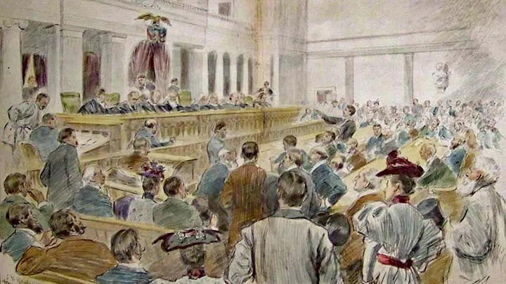 engraving, with a little color, of a crowd at the Supreme Court