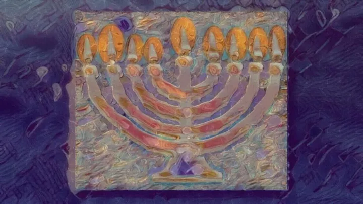 illustration of fully lit hanukkiah (Chanukah menorah) with pastel colors