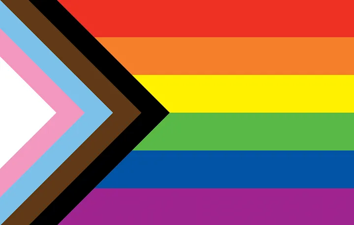 Progress Pride Flag: rainbow stripes with black, brown, light blue, light pink, white triangle