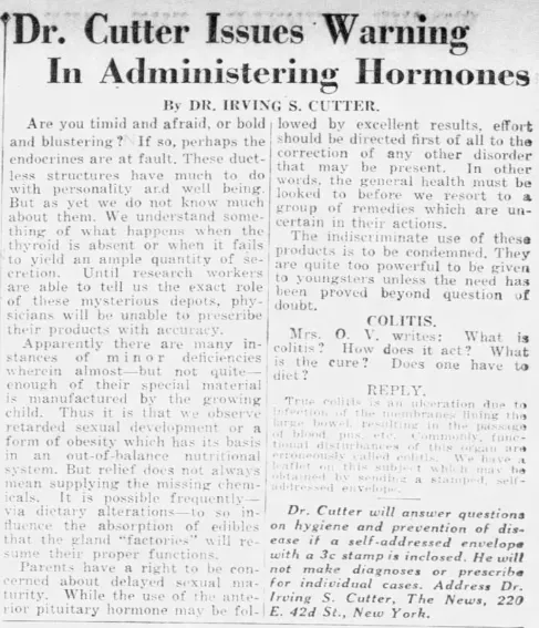 Print newspaper article: Dr. Cutter issues warning in administering hormones. The print is small, and the relevant parts have already been quoted in the Medium story.