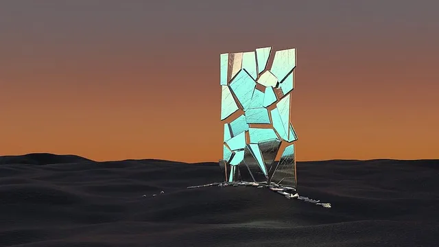 art: shattered mirror miraculously stands up in the middle of a desert