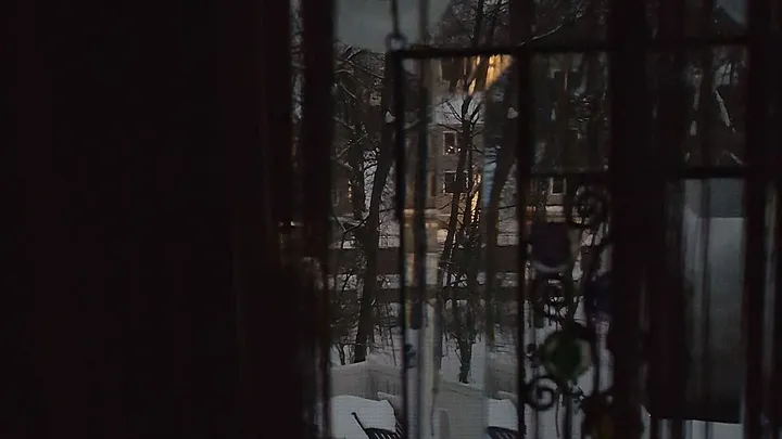 from a dark room, a view out a window at a snowy landscape. The glass distorts the view. Bare trees and another house are visible in the distance.