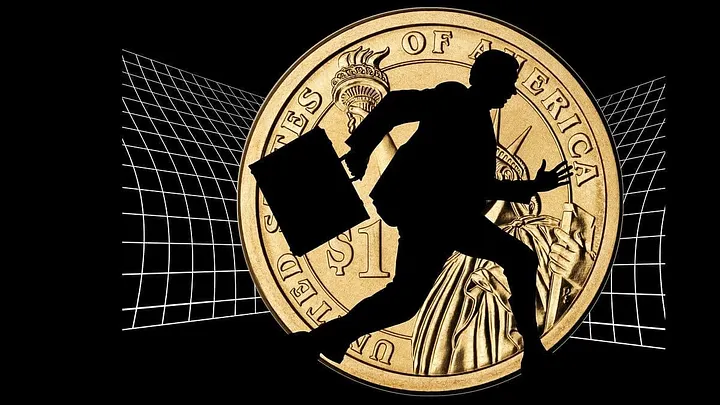 silhouette of a guy in a suit holding a briefcase, fleeing. backdrop: a large gold coin saying United States of America with a Statue of Liberty