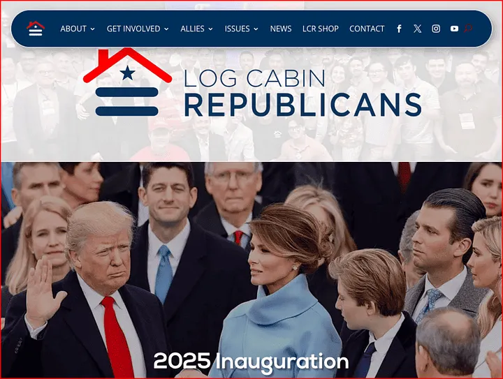 Log Cabin Republicans homepage. A photo of Donald Trump raising his hand in his 2025 inauguration with Melania and various other non-gay Republicans huddled around him.