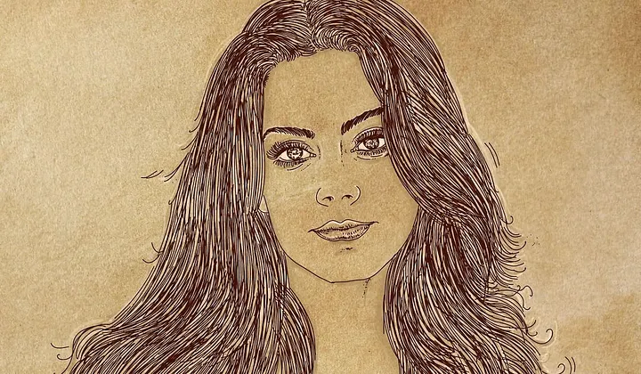 sketch of long-haired person, smiling slightly and looking directly at the viewer