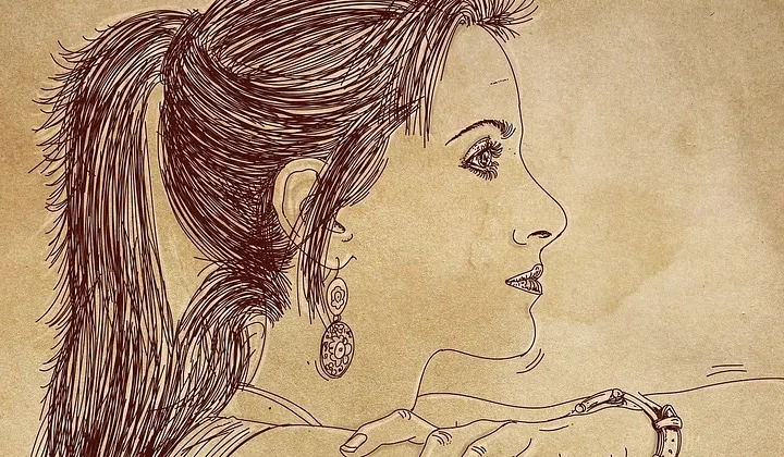sketch of a person with a ponytail, wearing a large earring, looking to the side