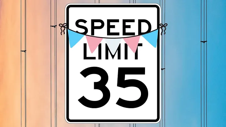 Speed Limit 35 sign, garlanded by a string of triangular trans flag pennants, against a pink and blue sky