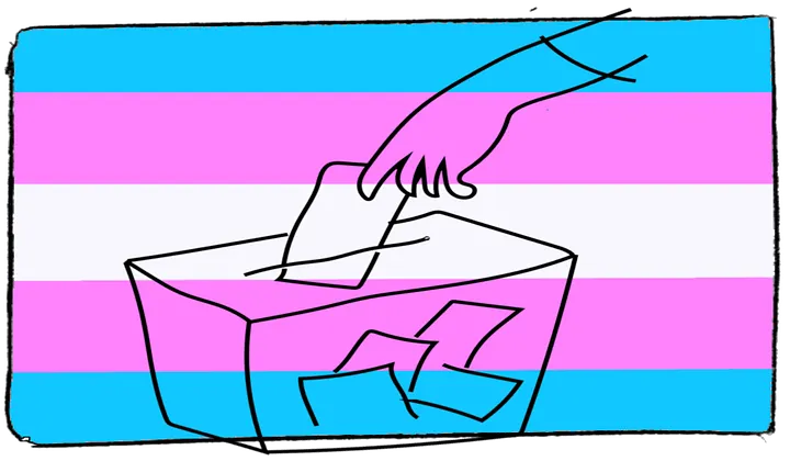 rough sketch of a hand dropping a ballot in a box. background of trans flag colors, a little brighter than typical.