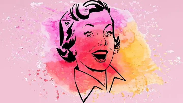 cartoon sketch of a woman appearing surprised. many people would perceive her as white. she has curly or wavy hair, cut short. she has plucked eyebrows, a tiny nose, and is wearing earrings.