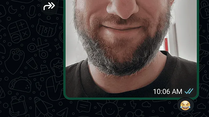 bottom half of a bearded face, a selfie shared on WhatsApp. The recipient left a laughing emoji on the selfie.