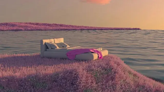 empty bed on a small island coated with pink flowers
