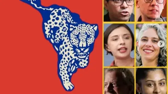 Digital poster for an event called Nuestra América. sábado, 24 de enero. Teatro Colón, Bogotá. Gratis y abierto al público. The background is red, there's a blue jaguar, the text is in yellow. These are the colors of the flag of Colombia. Red is also associated with leftism. The jaguar symbolizes Latin America. There are photos of 10 people who will speak.