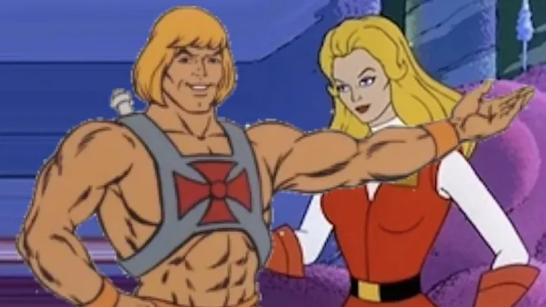He-Man and She-Ra cartoon characters, arms outstretched, smiling. more complete version of the image than the one that was shown before, as it shows more of their bodies, down to their thighs.