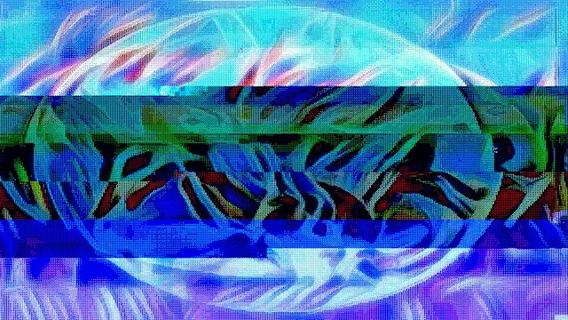 abstract art. on second glance you see the contours of a beast: perhaps a wolf, perhaps a horse with wings, on fire, inscribed in an eggshell. color palette is vivid turquoise and violet with a little blood red and pink. overall the image is textured like needlepoint.