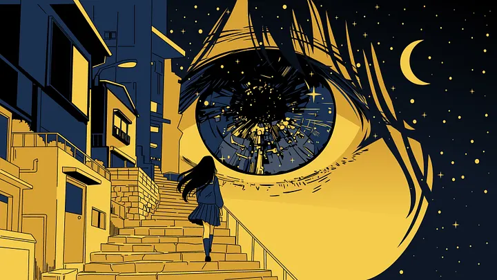 slim person in a pleated skirt and knee-high socks, long black hair blowing in the breeze, ascends a golden brick staircase wrapping around blue houses. dark blue night sky, with stars and crescent moon. an enormous golden face with a huge open blue eye is superimposed over the sky. the person appears to be walking into it.
