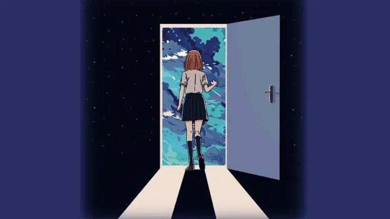 cartoon person in short skirt and knee socks opening a door in a void and walking through